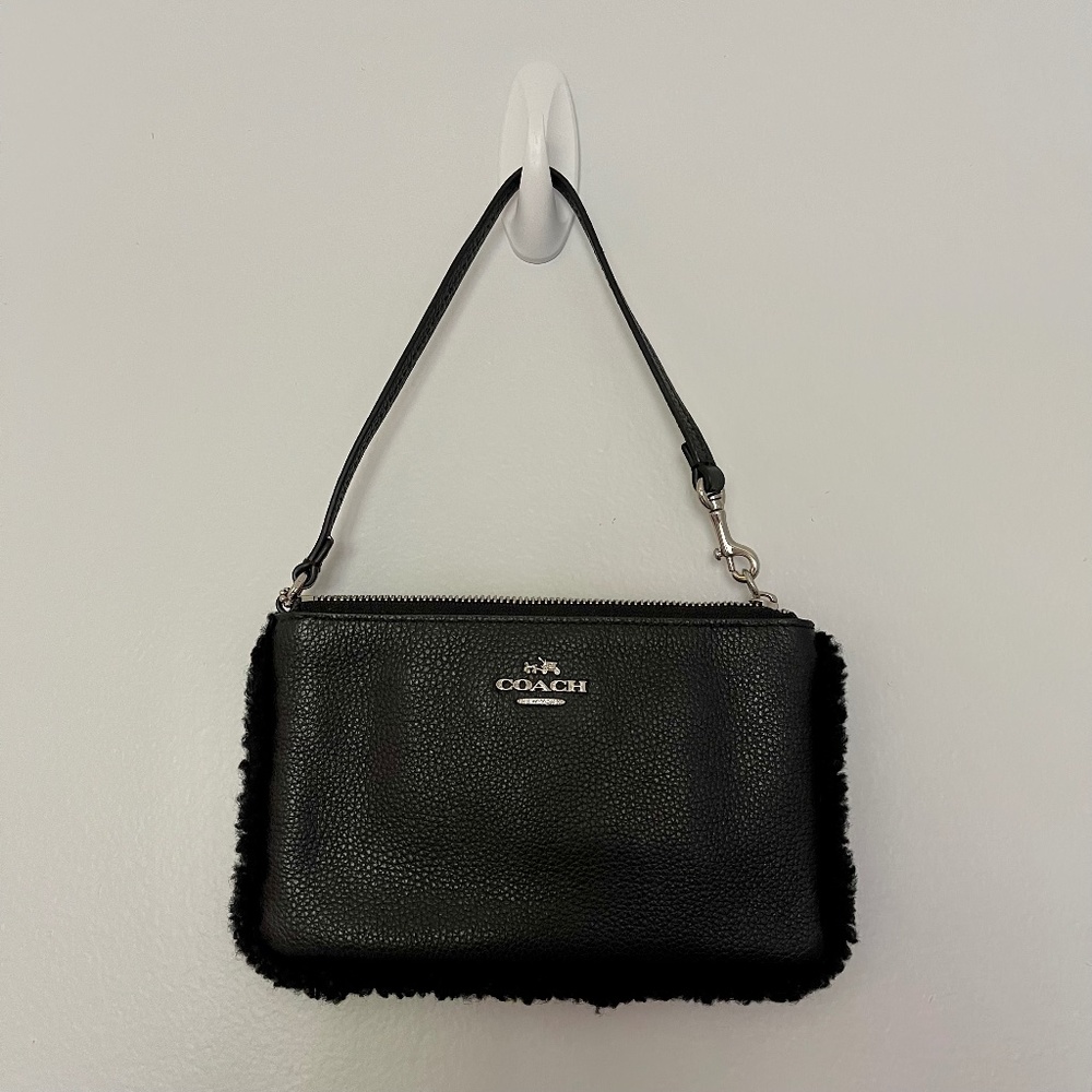 Black Coach Wristlet with Faux Fur Trim